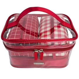 Elegant 4 Piece Cosmetic Bag Set Red Clear Box Checked Organizer