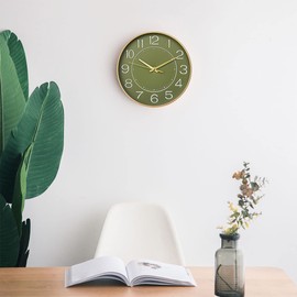 HZDHCLH 25 cm Modern Quartz Silent Wall Clock Arabic Numeral Sweeping Second No Ticking for Decoration Living Room, Kitchen, Office, Bedroom (Golden Green)