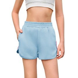 Haloumoning Girls Casual Shorts Kids Summer Elastic Waist Dophin Shorts with Rainbow Side Stripe 5-14Y