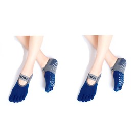 Win.Deeper Yoga Socks, 5 Toes, Anti-Slip, Fitness, Pilates, Different Material, Women's Socks, Sports, Breathable, Odor Resistant, Set of 2 Pairs, Blue 2 Pair Set