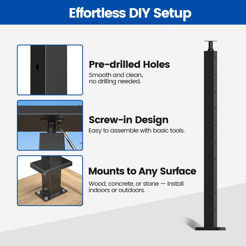 Muzata Black Cable Railing Post 36 Inch 36"x2"x2" Level Drilled