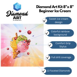 DIAMOND ART BY LEISURE ARTS Ice Cream, 8"X8", Beginner Diamond Painting Kits for Adults, Art for Adults, Kit, Painting