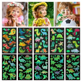 AOMIG Temporary Tattoo for Kids, 10 Sheets Glow In The Dark Cartoon Dinosaur Tattoo Stickers, Waterproof Luminous Fake Tattoo Stickers Set for Boys Girls Birthday Gift Party Bag Filler