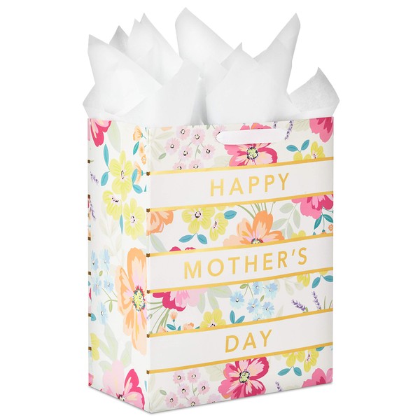 Hallmark 13" Large Mother's Day Gift Bag with Tissue Paper (Pastel Floral Stripe with Gold Accents) for Mom, Grandma, Nana, New Mothers