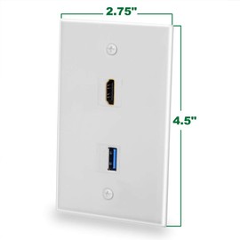 BATIGE HDMI And USB 3.0 Keystone Wall Plate Single GANG USB 3.0 HDMI Wall Outlet Mount Socket Face Plate Cover - White