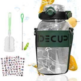 Yenergy 53 oz Sport Glass Water Bottle,Large Capacity Drinking Water Bottles with 2 Straws Handle Strap Wide Mouth Juice Cup,Reusable Water Jug for Office/Walk/Gyms,BPA Free,Green