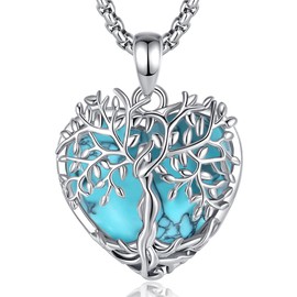 Vito Turquoise Tree of Life Necklace for Women Men, Silver Plated Copper Heart Turquoise Heart Crystal Tree Necklace Protection Energy Amulet Jewelry Gift for Mom Wife, 20+2"