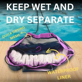 JIMJOOS Drawstring Mesh Swimming Bag - 25L Waterproof Swim Bag with Wet/Dry Compartment, Multifunctional Sports Backpack for Kids, Adults, Swimming, Surfing, Beach, Gym (Purple)