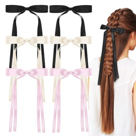 6Pcs Hair Bows for Women, Satin Ribbon Hair Bows with Metal Clips, Tassel Bowknot Hair Clips with Long Tail, Hair Barrettes with Bow Accessories (6pcs long ribbon clip)
