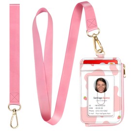 Fintie 2-in-1 ID Badge Holder & Lanyard Wallet, Credit Card Holders with Removable Wristlet & Neck Lanyard, Leather ID Name Badg 5 Card Slots Zipper Purses for Women Girls, Strawberry Cow