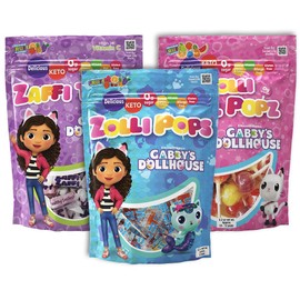 Zollipops Gabby's Dollhouse Variety Pack - Mixed Fruit Flavored Lollipops, Ball Popz, and Zaffi Taffy - Three 5 Oz. Bags for Sweet and Fun Treats