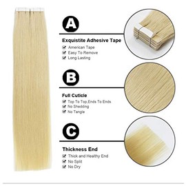 TRESSMATCH 20" Tape in Remy Human Hair Extensions Thick Full from Top to Ends Platinum Bleach Blonde (#613) Strong Bonding Glue