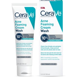 CeraVe- Crema limpiadora espumosa para el acné Limpiador suave para rostro y cuerpo contra el acné con peróxido de benzoilo al 10%, ácido hialurónico A