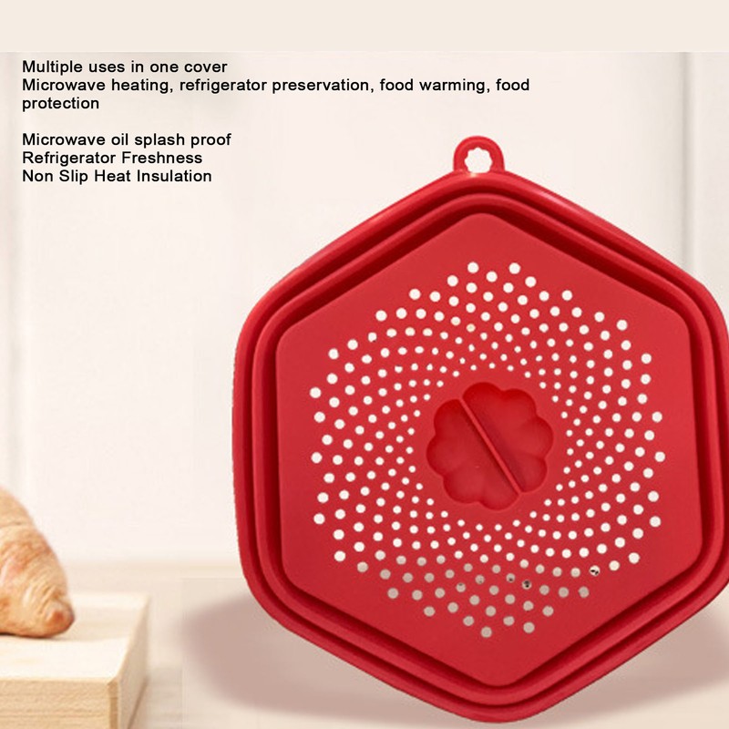 Red Silicone Microwave Splatter Cover with Handle Collapsible Microwave Food