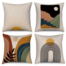 Hnmdmyi Boho Cushion Cover, 40 x 40 cm, Set of 4, Abstract Sun Sunset Sunrise Line Rainbow Mountain Decorative Cushion Covers Natural Landscape Modern Art Linen Cushion Cover for Home Decor
