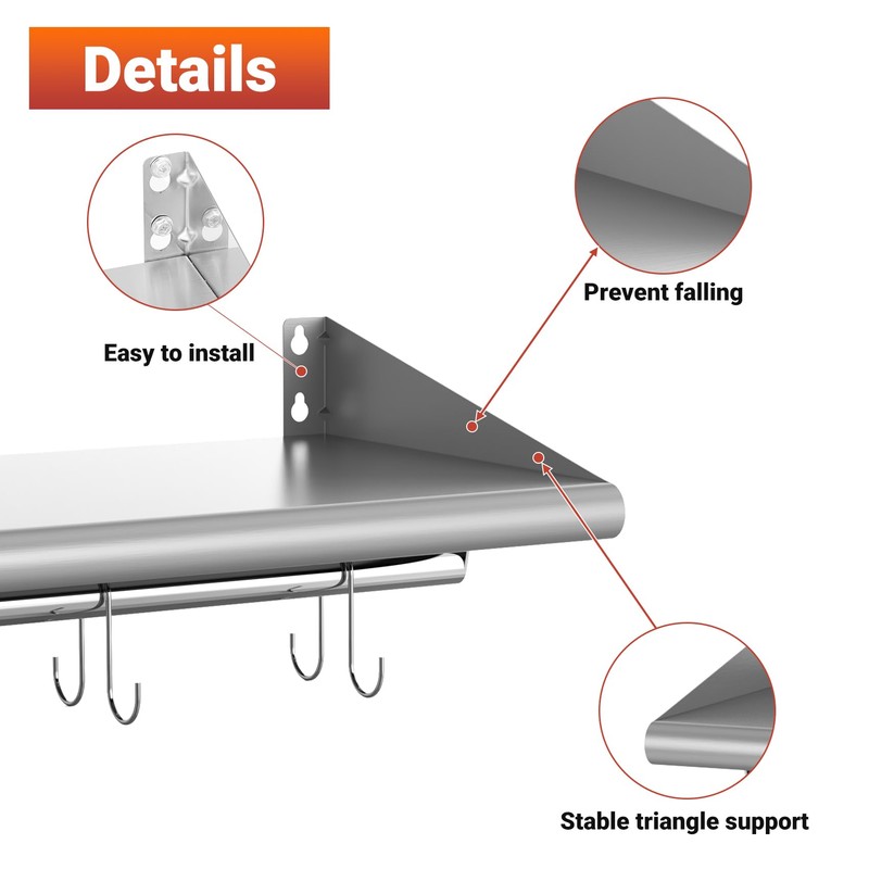 Skyflame 12" x 36" Wall Shelf with 6 Hanging Hooks
