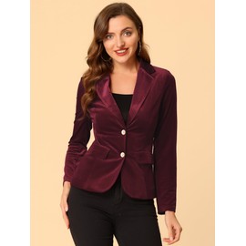 Allegra K Ladies' Velvet Blazer Vintage Notched Lapel Button Front Work Suit Jacket Dark Red L
