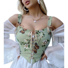 CONCINEROS Women's Summer Vintage Floral Renaissance Corset Top for Women Y2k Tops Sleeveless Drawstring Crop Top