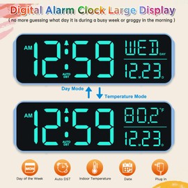 Peakeep Loud Digital Alarm Clock Large Display for Bedrooms with Date, Day of Week, Temp, Auto DST, Desk Clock Electric Plug in for Living Room, Battery Backup, USB Port, 5 Dimmers
