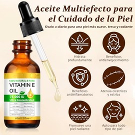 Aceite de Vitamina E Oil,Aceite de Vitamina E Puro 75,000 UI,Tratamiento Facial y Corporal Hidratante y Nutritivo para Rostro,Cicatrices, Piel Seca y 