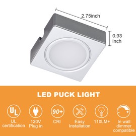LUMILAND Wired LED Puck Lights Square 2.68" Wide 3000K, 120V Plug-in or Hardwired Installation with Recessed or Surface Mounted, Silver Grey, 3 Pack
