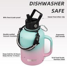 BJPKPK Large Insulated Water Bottles with Straw Lid & Handle, 50oz, 64oz, 87oz, 128oz Water Bottle with 3 Lids and Paracord Strap, Stainless Steel Metal Water Bottle, Insulated Water Jug, Marshmallow