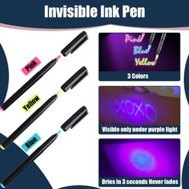 klumuke Invisible Ink Pens with UV Light, Magic Spy Pens with Mini UV LED Keychain Flashlights for Secret Messages, Disappearing Ink Pens with Black Light for Kids, Ideal (3PCS)