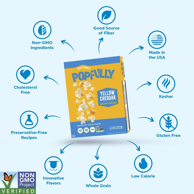 POPFULLY Yellow Cheddar Popcorn, Sharing Bags, Classic Cheese Flavor, Bulk