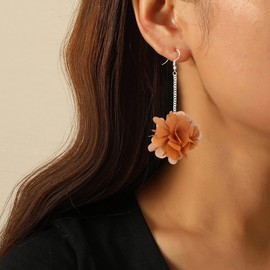 Seakuur Bohemian Big Fabric Flowers Dangle Drop Earrings Multicolor Handmade Lightweight Charm Chic Petal Hoop Earrings with Chiffon Floral Tassel for Women (Khaki)