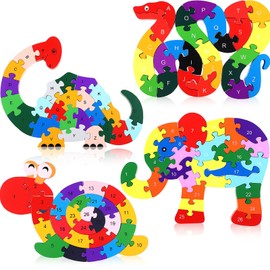 4 Pcs Alphabet Jigsaw Puzzle Wooden Snake Elephant Dinosaur Snail Blocks Toys ABC Alphabet Animal Puzzle for Preschool Learning