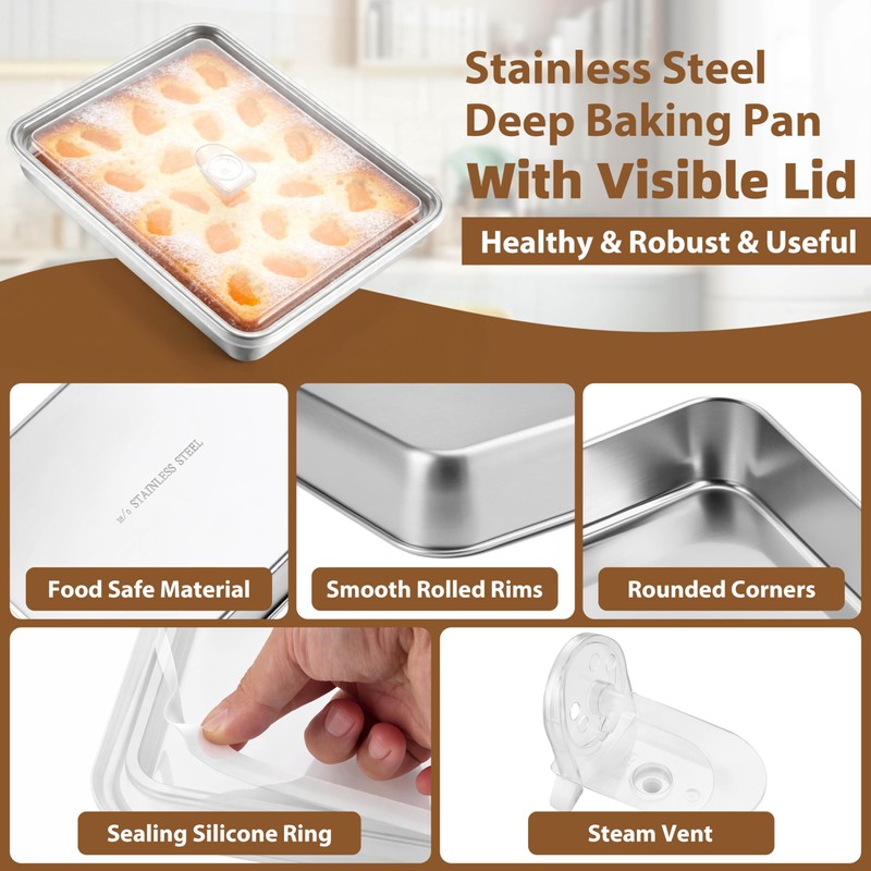 TeamFar Stainless Steel Lasagna Pan with Lid, 12.4x9.8x2 Inch Baking