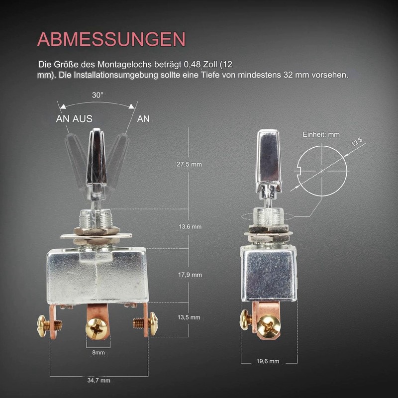Car Toggle Switch SPST 3 Pin On/Off/On Switch 50A 12VDC