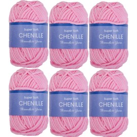 6 Pack ThreadArt Chenille Yarn for Crocheting, Knitting, Amigurumi, Super Soft Plush Velvet Yarn - 50 Gram 60 yds #5 Fluffy Yarn Skeins - Bright Pink 17