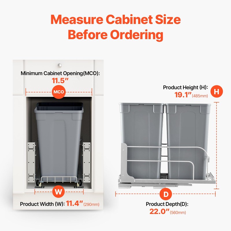 VEVOR Pull-Out Trash Can, 27 QT x2 Double Under Mount