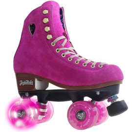 JajaHoho Fuchsia Quad Roller Skates for Women Girls, Suede Nubuck Genuine Leather, Reinforced Nylon Fiber Thrust Plate, Shiny Double-Row LED Light Up Wheels, Indoor Outdoor (Hot Pink, Size 9)