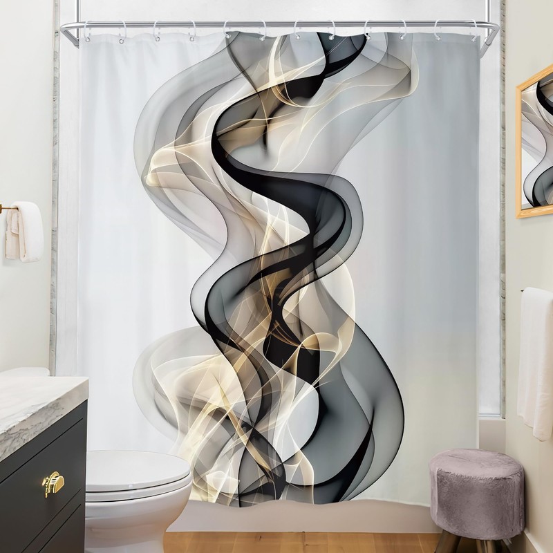 Riyidecor Abstract Black Gold Shower Curtain 60Wx72H Inch Modern Luxury