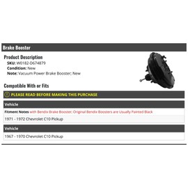 Marketplace Auto Parts Vacuum Power Brake Booster - Compatible with 1967-1972 Chevy C10 Pickup