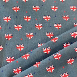 Union Jack Hearts Print Polycotton Fabric, VE Day Design, 112cm Wide, Denim Blue
