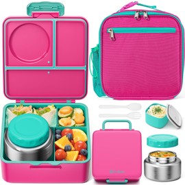Fimibuke Bento lunch Box Set for Kids Adult with 8oz Insulated Food Jar, Lunch Bag & Sauce Cup, Leakproof Dishwasher Safe Toddler Lunch Food Container with 3-4 Compartment for School Girls Boys