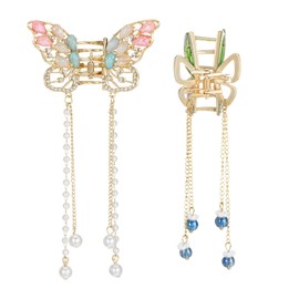Mabor 2Pcs Small Butterfly Clips for Hair, Metal Claw Clips with Tassel for Women Girls Pretty Cute Nonslip Clamps Hair Styling Accessories