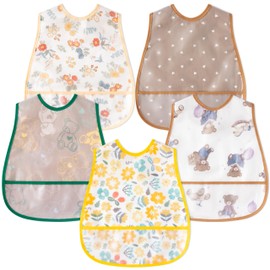 R HORSE 5Pcs Baby Toddler Bibs with Crumb Catcher Pocket & Snap Button Adjustable Cartoon Waterproof Baby Feeding Bibs for Boys Girls 6-24 Months