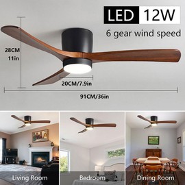 IBalody 36in Quiet Ceiling Fans 12W LED Black Ceiling Fan with Lights Bedroom Dining Room Nordic Ceiling Lights Fan Lighting 6 Gear Wind Speed Ceiling Fan Light Wooden Fan Blades