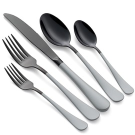 Onlycooker 20-Piece Black Silverware Set 18/0 Stainless Steel Flatware Gray Handle Cutlery Set Service for 4 Dinner Knives Forks Spoons Set Mirror Finish Dishwasher Safe
