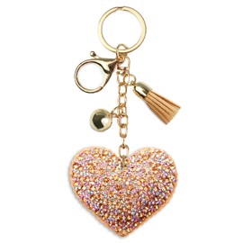 AuPra Diamante Heart KeyRing Gift Women Bling Rhinestone Love KeyChain Home Car Bag Clip Key Holder Lady Girl Crystal Tassel Present (Brown)