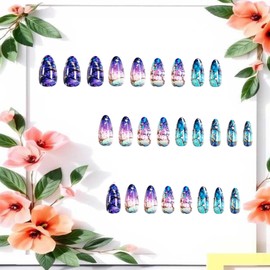 CJDLTS Almond Tip Press on Nails Long Length Colorful Starry Sky Pattern Design Full Cover Glossy Acrylic False Nail Press Ons Artificial Handmade Fake Nail DIY Reusable Glue on Nails for Women 24Pcs