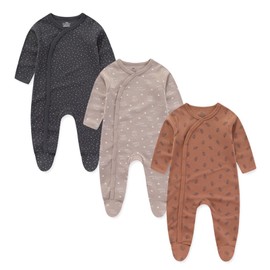 Ecojoy Baby Long Sleeve Sleepsuit Footed Sleep Wear Infant Grow Newborn to 12 Months Slanted/Straight Lapel, Soft Cotton, Pack of 3, brown