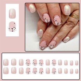 Press on Nails Short Square Fake Nails Glitter Glue on Nails with Black & White Daisy Flower Pattern Design Pink False Nails Acrylic Glossy Stick on Nails Artificial Full Cover for Women & Girls 24Pcs