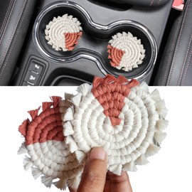 Cotton Car Coasters for Cup Holders, 2PC Car Cup Coasters, Drink Coaster Holder, Cute cupholder Coaster Accessories for Women, Macrame, Boho (Cappuccino)