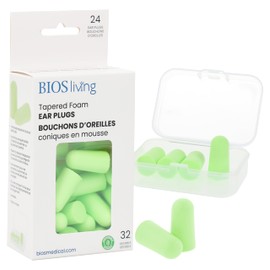 BIOS Living Soft, Tapered Foam, 32dB (decibels), Disposable Ear Plugs for Noise Reduction in Green - 12 Pairs (24 pieces) with a Portable Case – For Sleeping, Snoring, Studying, Work, Travel, and Concerts