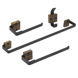 4-Piece Bathroom Hardware Set Black Walnut Wood Bathroom Accessories Kit Includes 16" Hand Towel Rack Bar Toilet Paper Holder Towel Ring and Robe Hook Wall Mounted